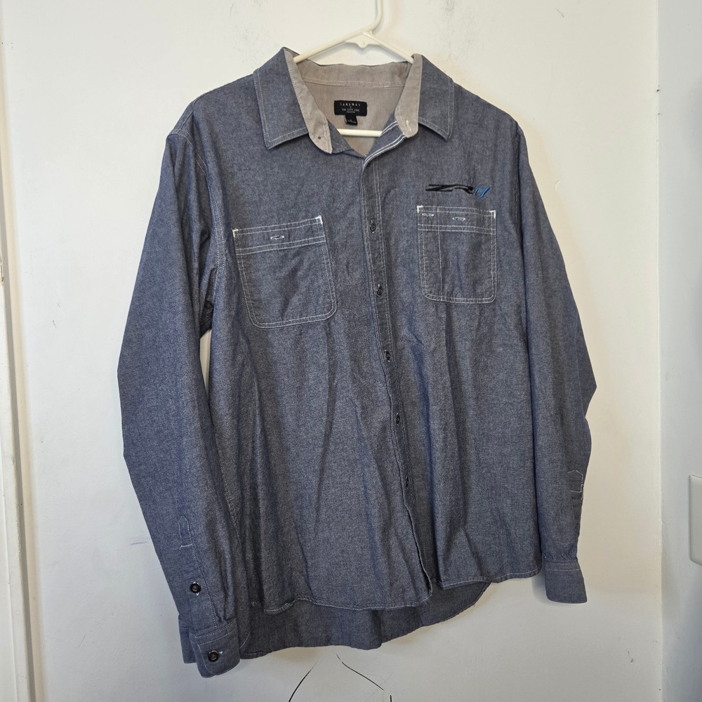 Landway The City Luxe Mens Blue Chambray Button Down Shirt ZR-7 Logo Size Large